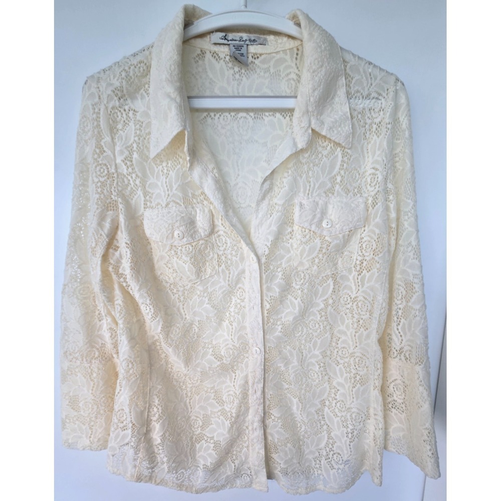American Rag Cie Top Floral Mesh Lace Button Down Ivory Sz XL Coquette Y2K Whims